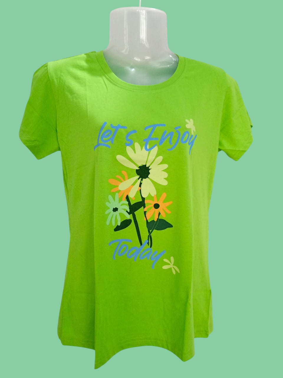 XXL Size Women's Green Floral "Let's Enjoy Today" Printed T-Shirt