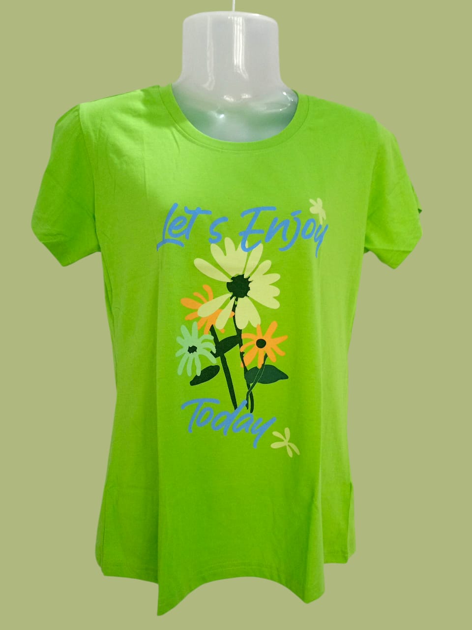 XXL Size Women's Green Floral "Let's Enjoy Today" Printed T-Shirt