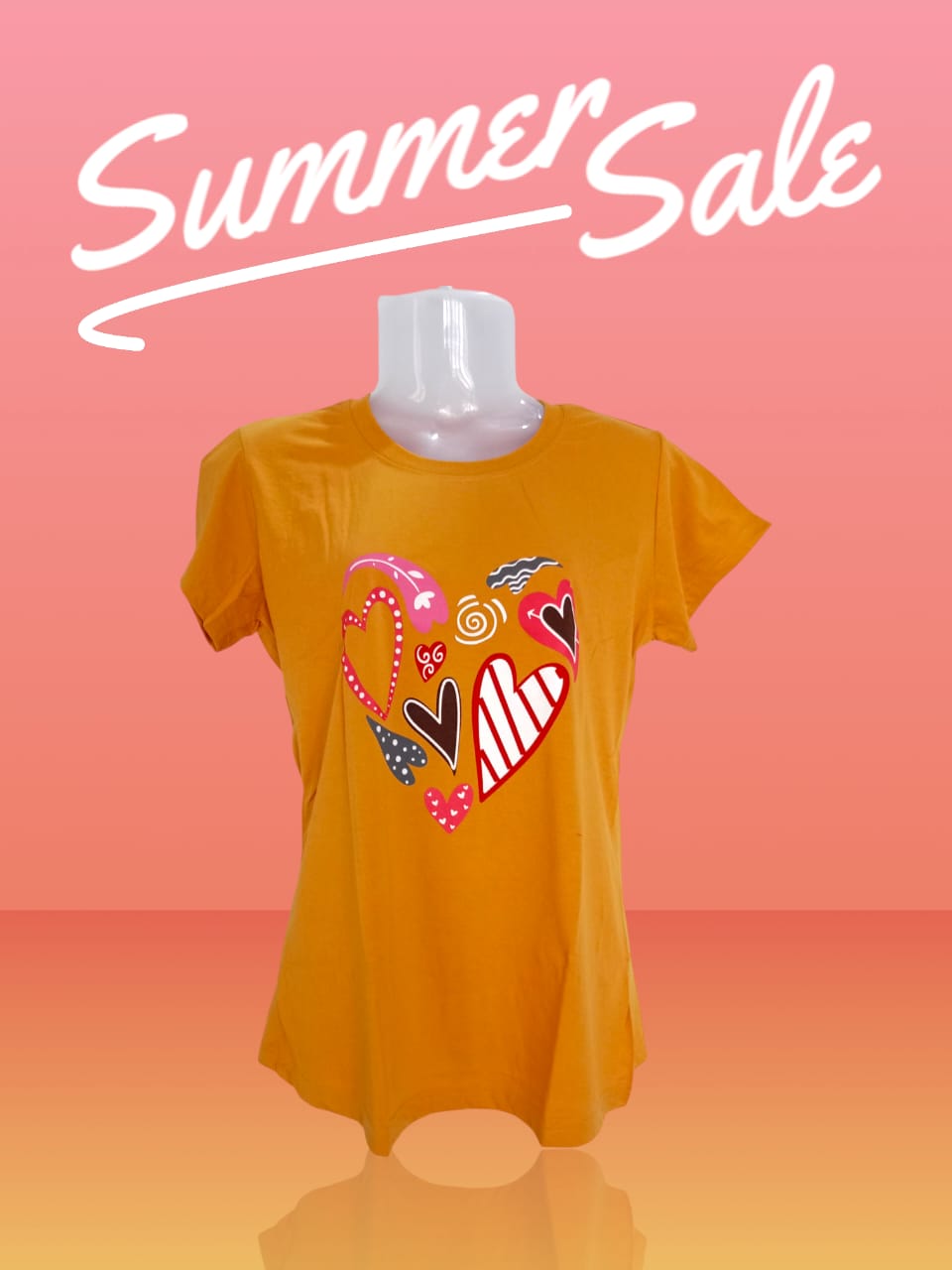 XXL Size Women's Orange Heart Print Graphic T-Shirt