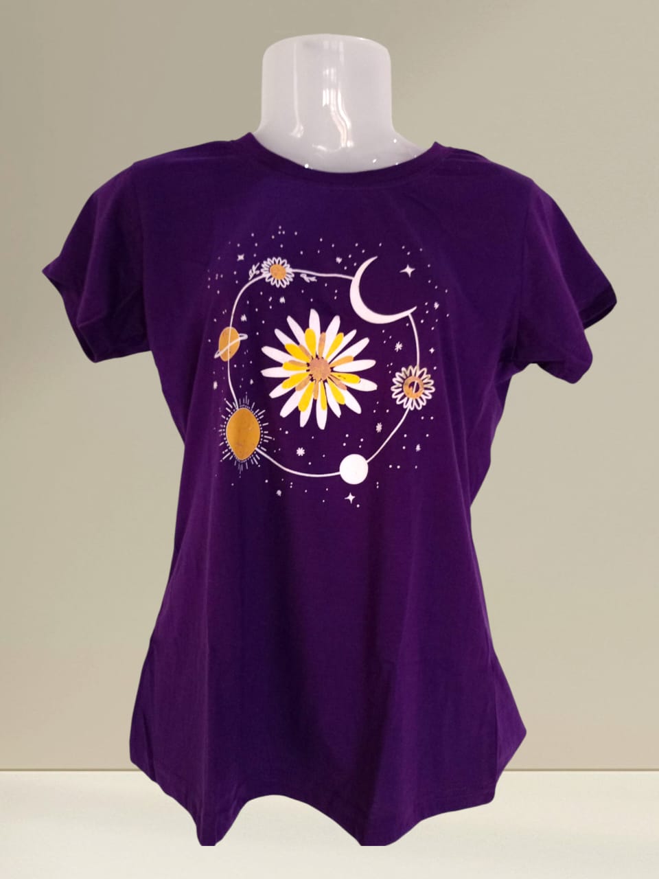 XXL Size Women's Purple Cosmic Floral Graphic T-Shirt