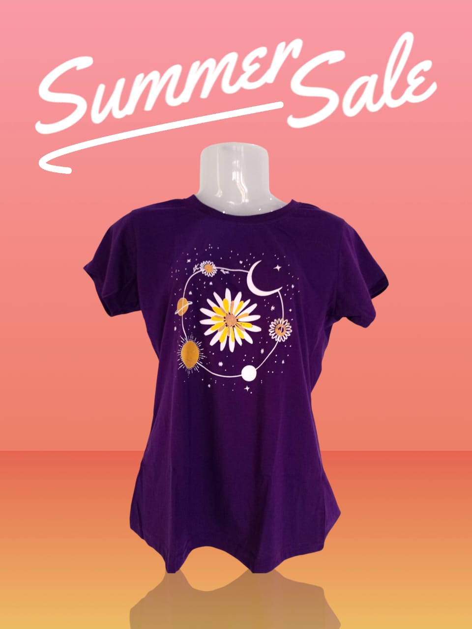XXL Size Women's Purple Cosmic Floral Graphic T-Shirt