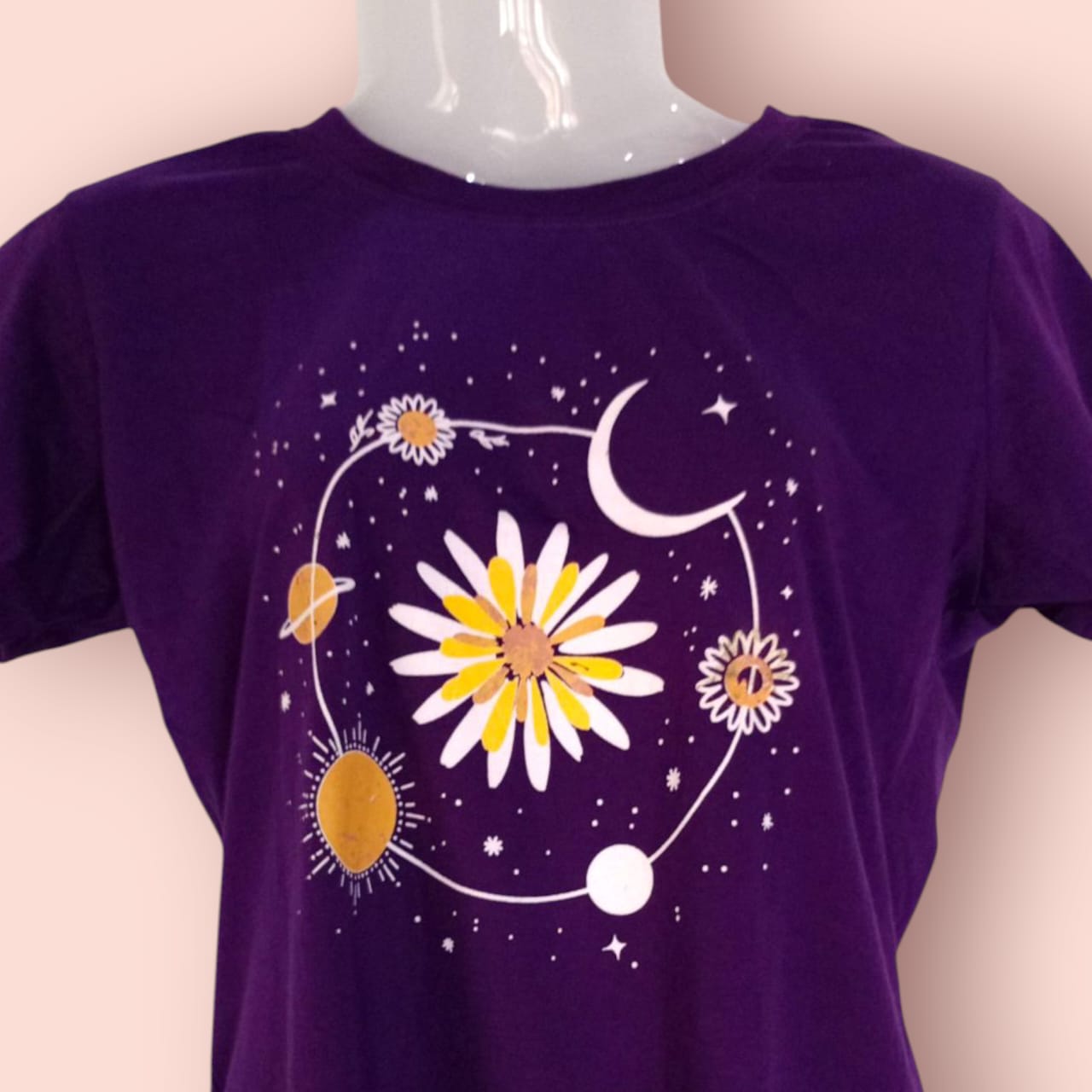 XXL Size Women's Purple Cosmic Floral Graphic T-Shirt thumbnail