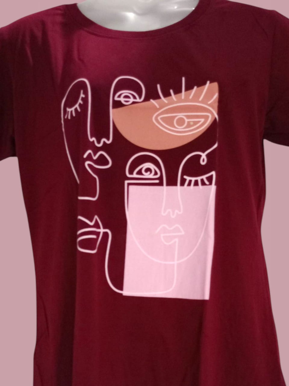 Women's Maroon Abstract Face Art Printed Cotton T-Shirt