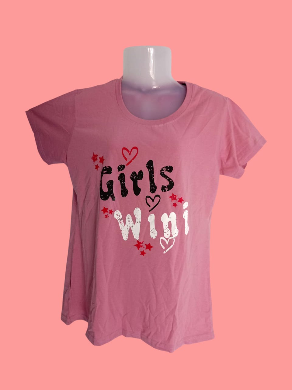 Girls Pink "Girls Win!" Printed Cotton T-Shirt