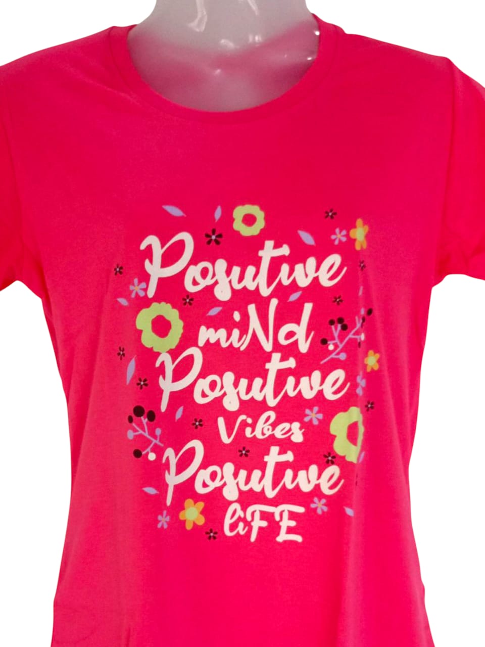 Women's Hot Pink "Positive Mind Positive Vibes Positive Life" Printed T-Shirt