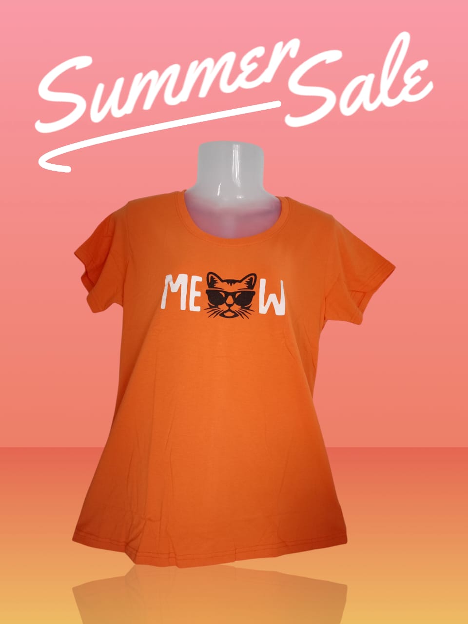 Women's Orange "MEOW" Cat Print Cotton T-Shirt