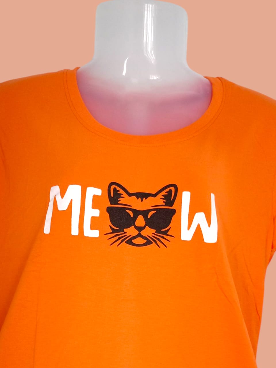 Women's Orange "MEOW" Cat Print Cotton T-Shirt