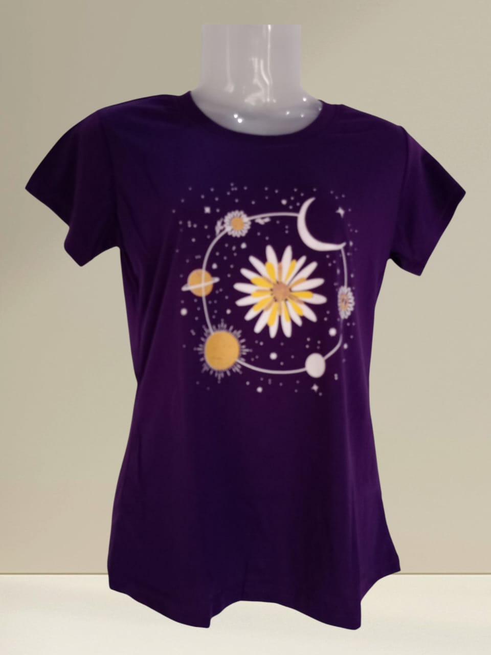 Women's Purple Cotton T-Shirt with Floral & Celestial Print