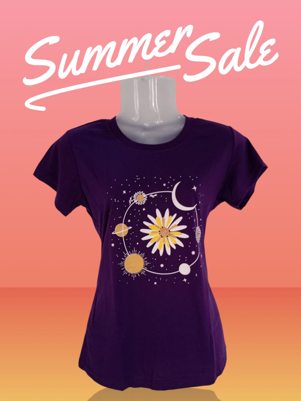 Women's Purple Cotton T-Shirt with Floral & Celestial Print