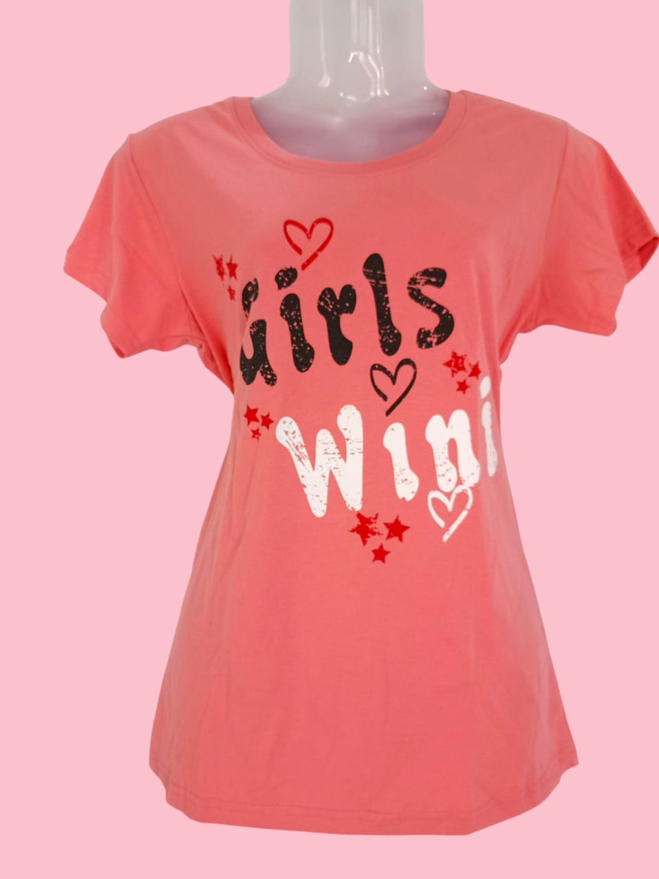 Women's Coral Pink Cotton T-Shirt with "Girls Win!" Graphic Print