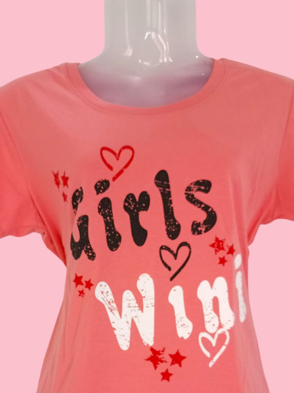 Women's Coral Pink Cotton T-Shirt with "Girls Win!" Graphic Print