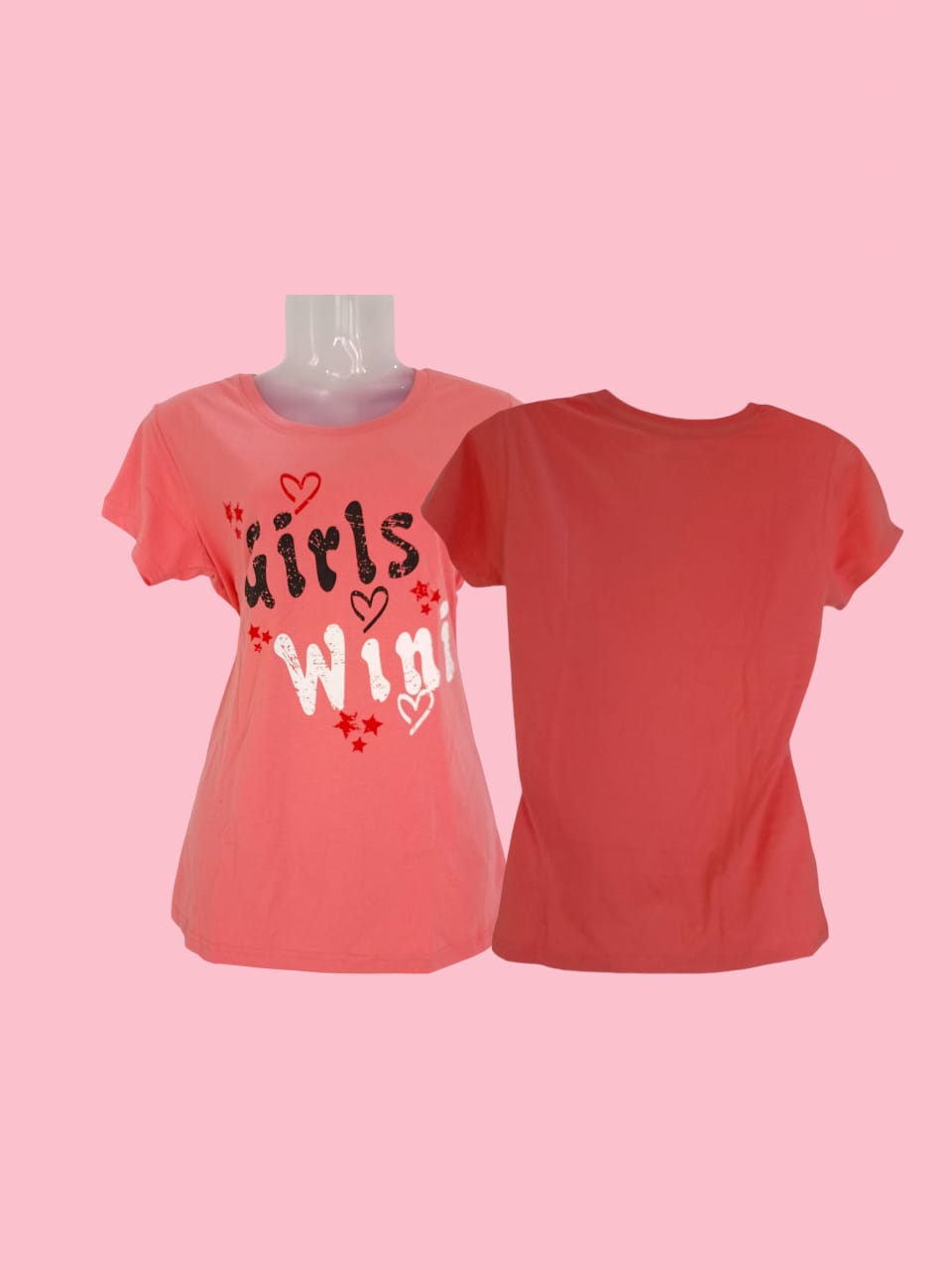 Women's Coral Pink Cotton T-Shirt with "Girls Win!" Graphic Print thumbnail