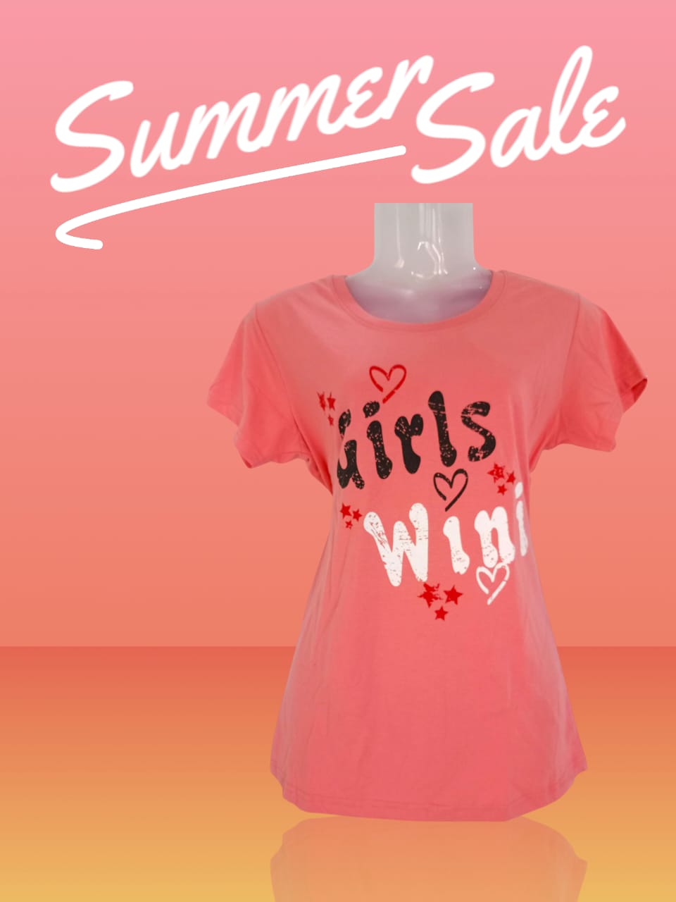 Women's Coral Pink Cotton T-Shirt with "Girls Win!" Graphic Print thumbnail