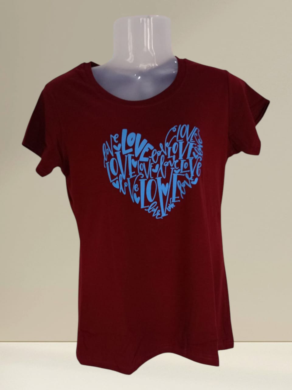 Women's Maroon Cotton T-Shirt with Blue "Love" Heart Typography Print