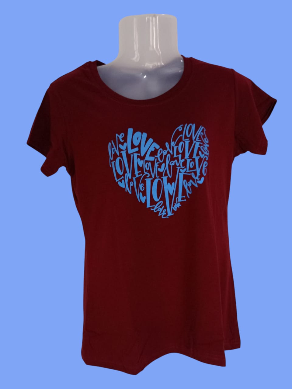 Women's Maroon Cotton T-Shirt with Blue "Love" Heart Typography Print