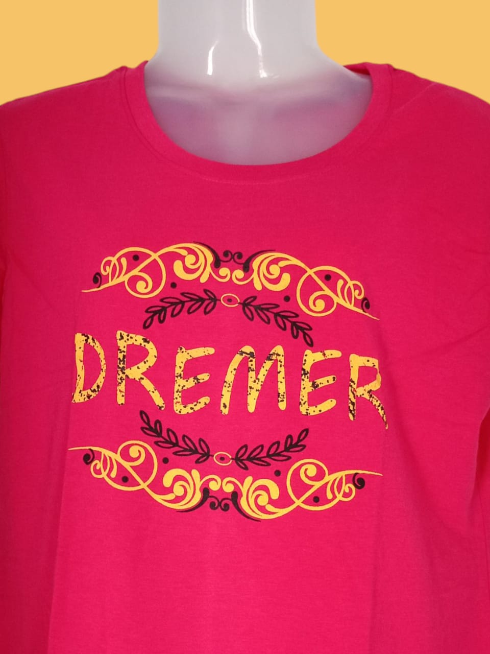 Women's Hot Pink Cotton T-Shirt – “Dreamer” with Ornamental Gold Print
